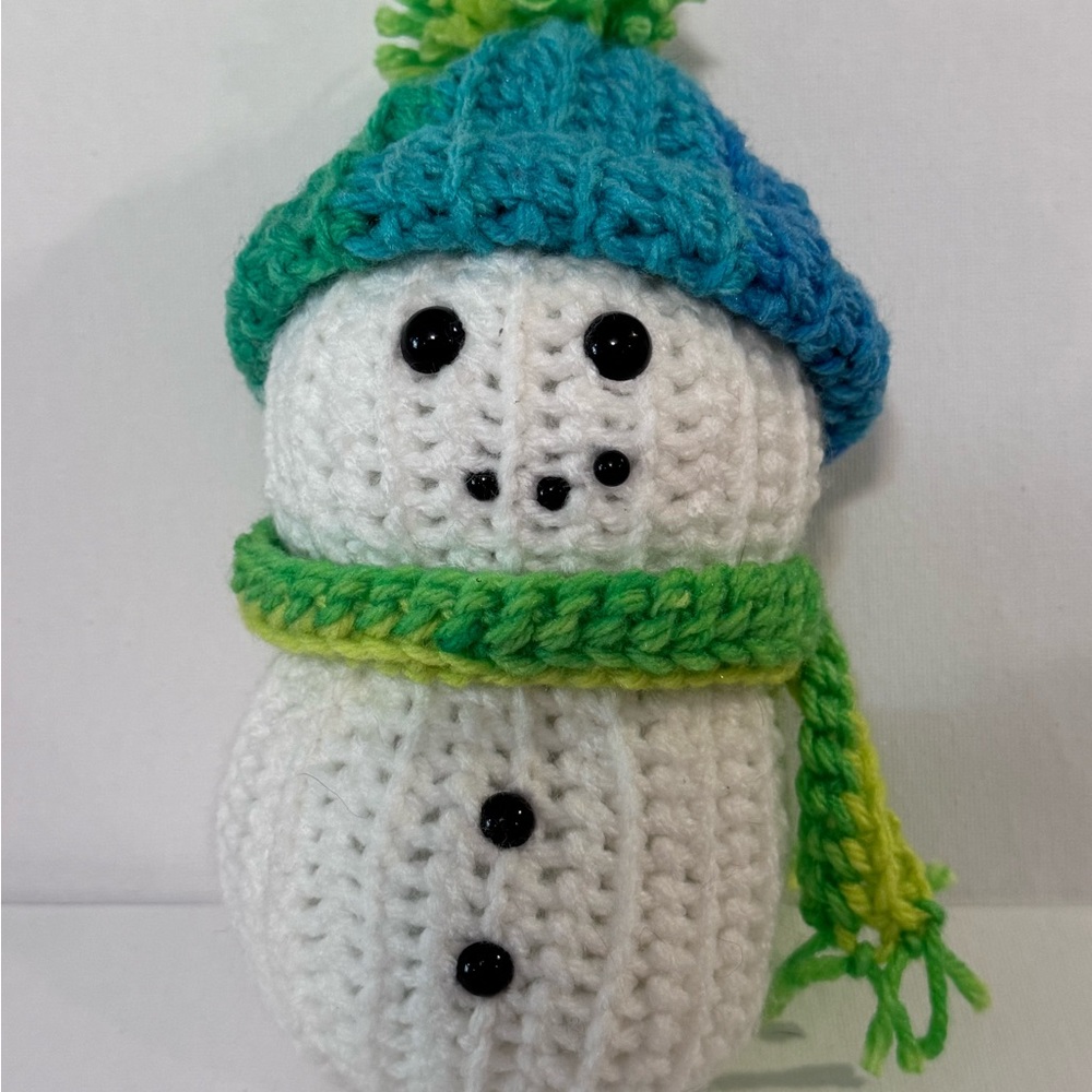 Handmade White Crochet Snowman Plush with Blue-Green Hat and Scarf